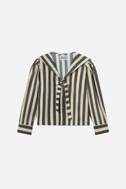 A striped long-sleeve blouse with a tie-neck detail, featuring vertical stripes in dark green and cream, displayed flat against a light cream background.