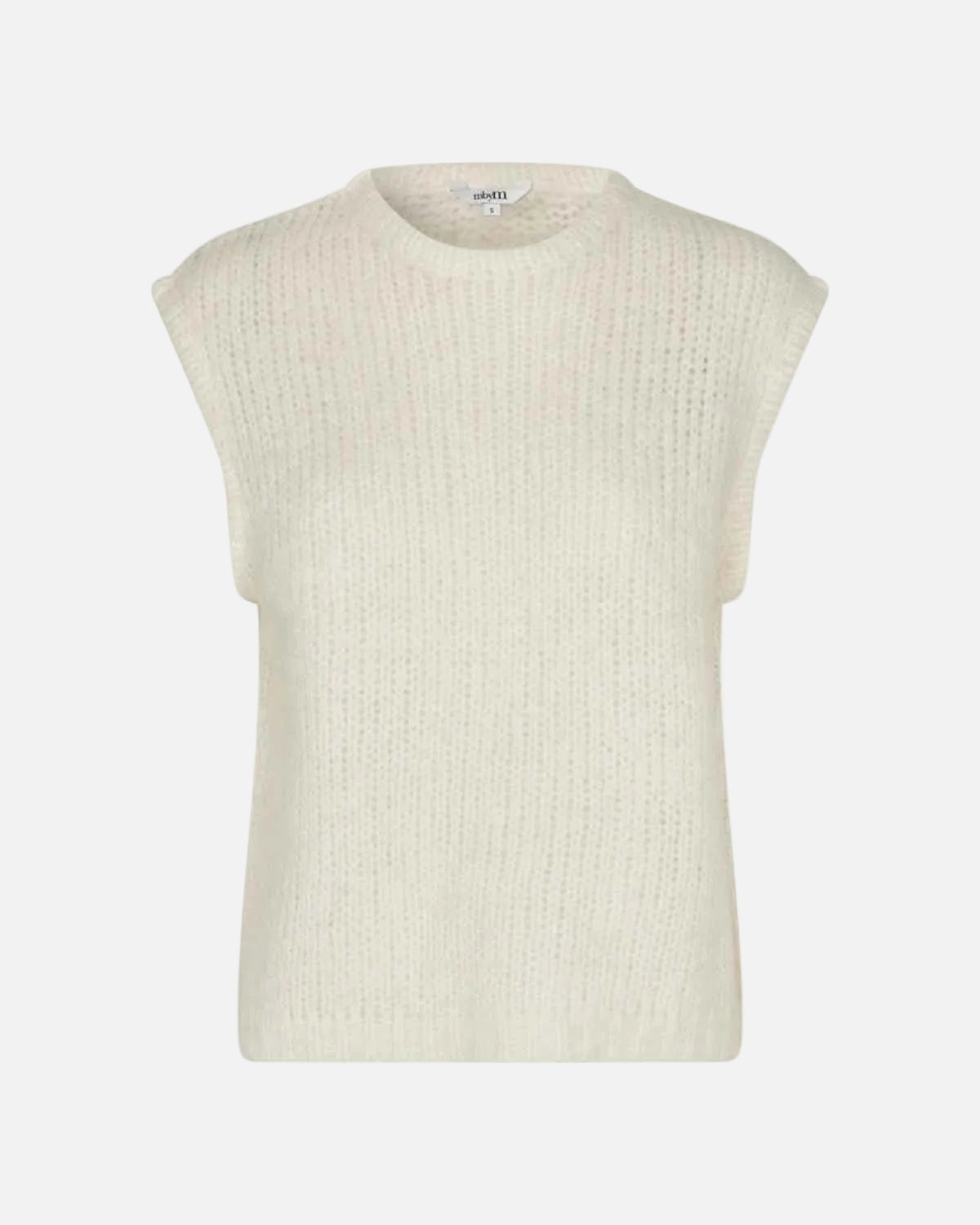 An off-white ribbed knit sleeveless sweater vest with a crew neck, shown against a plain white background.
