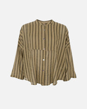 A long-sleeve button-up shirt with vertical stripes in brown and beige, featuring a stand collar and a front button closure, shown against a plain white background.