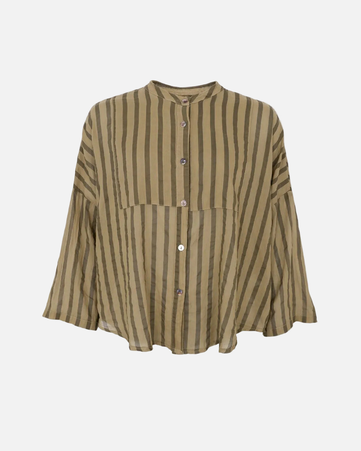 A long-sleeve button-up shirt with vertical stripes in brown and beige, featuring a stand collar and a front button closure, shown against a plain white background.