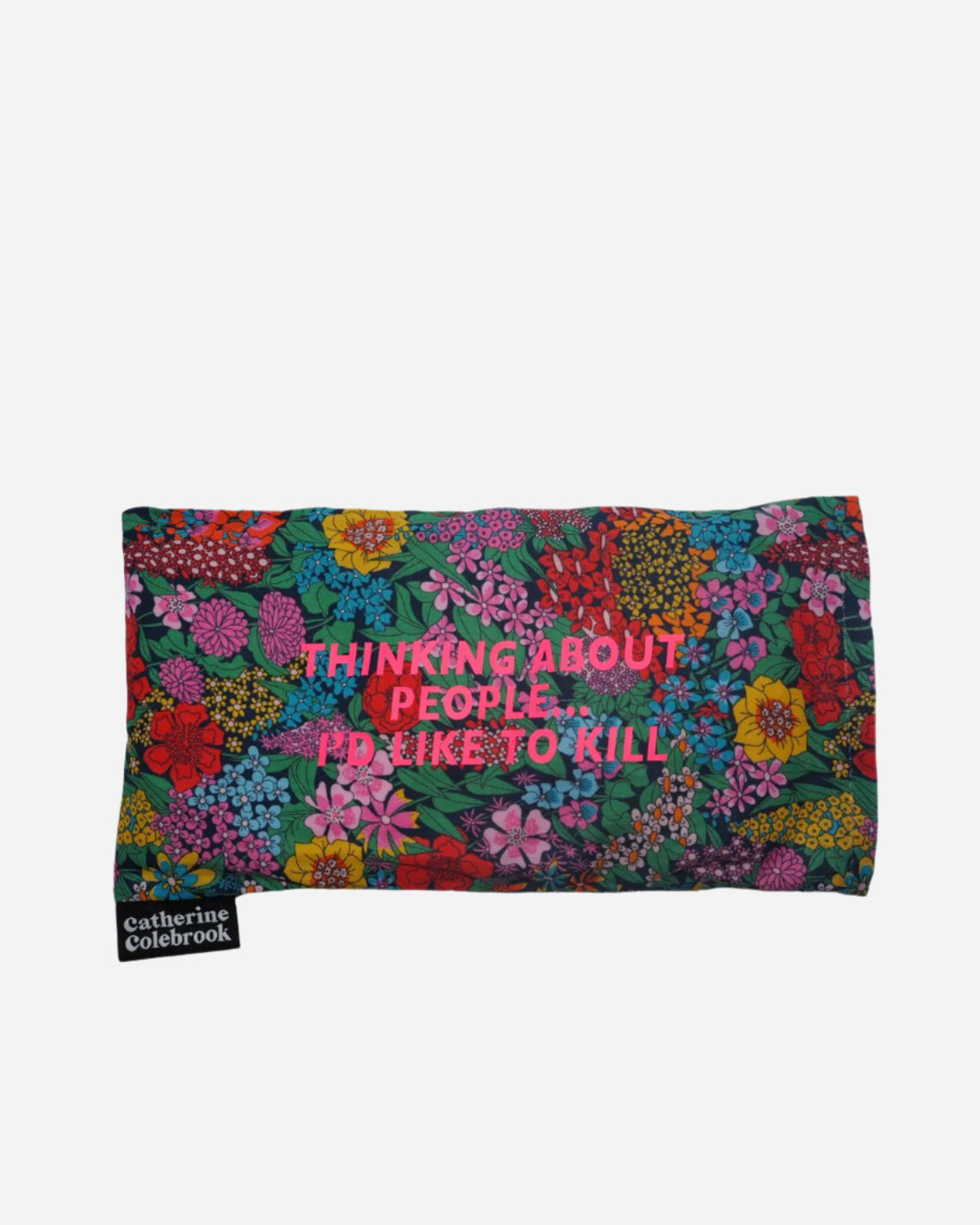 Floral pouch with text on a white background