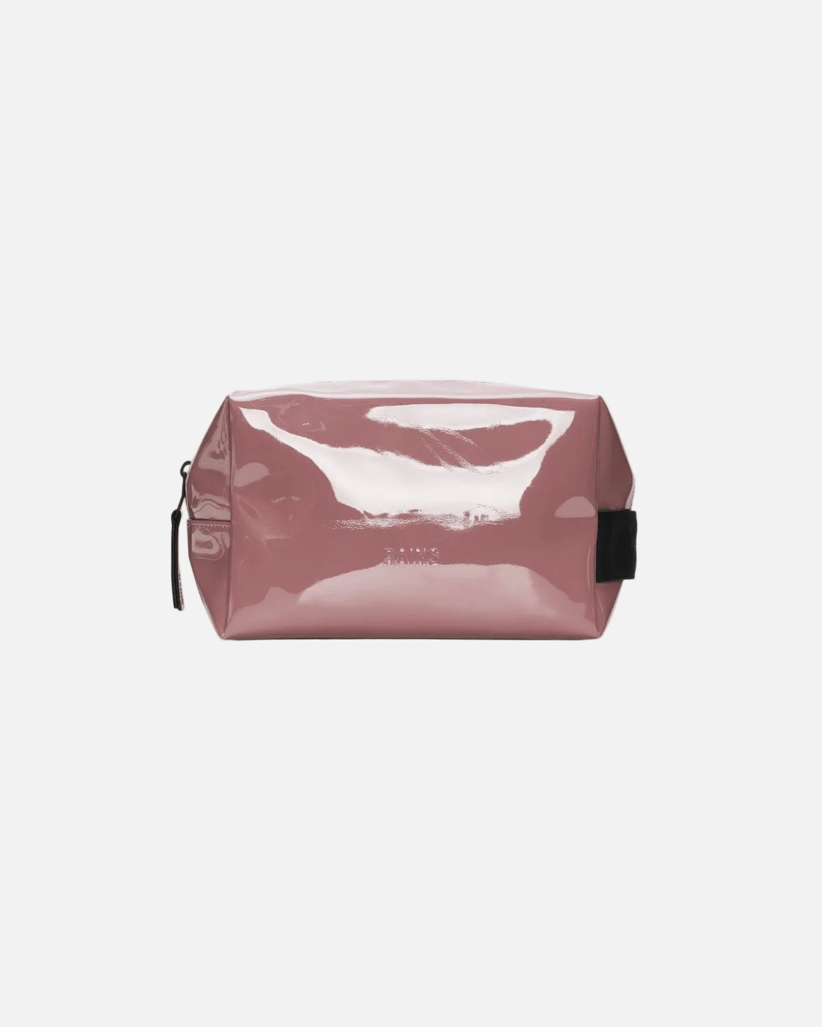 A dusty rose pink glossy patent leather cosmetic pouch with a black zipper pull and side tab, shown on a plain white background.