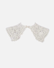 An off-white crocheted lace collar with a delicate openwork pattern and scalloped edges, displayed flat against a solid white background.