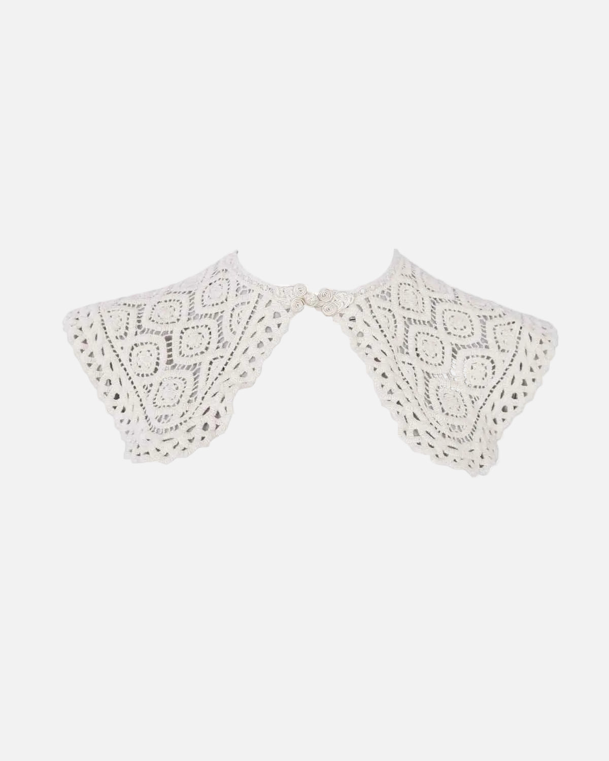 An off-white crocheted lace collar with a delicate openwork pattern and scalloped edges, displayed flat against a solid white background.
