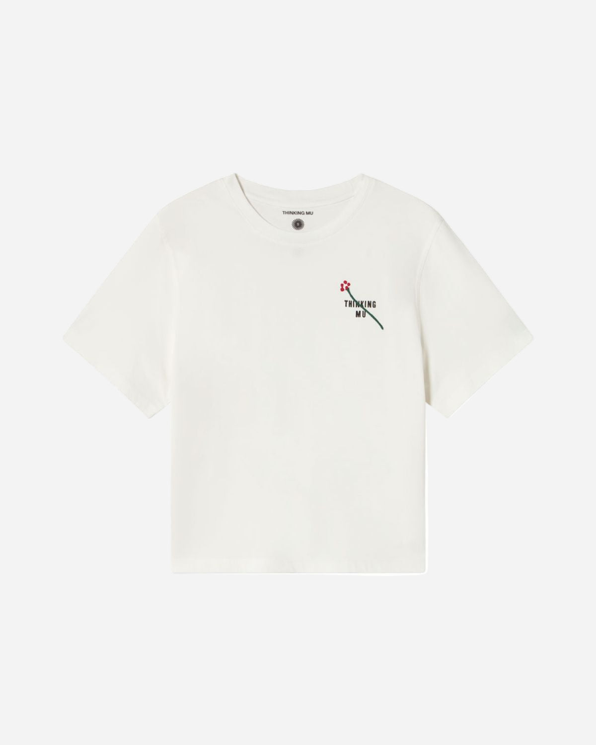 White t-shirt with a small graphic on a white background