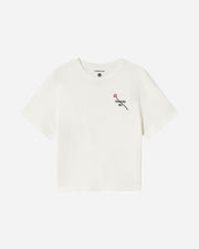 White t-shirt with a small graphic on a white background