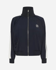 Navy track jacket with white stripes on sleeves and a logo on a white background