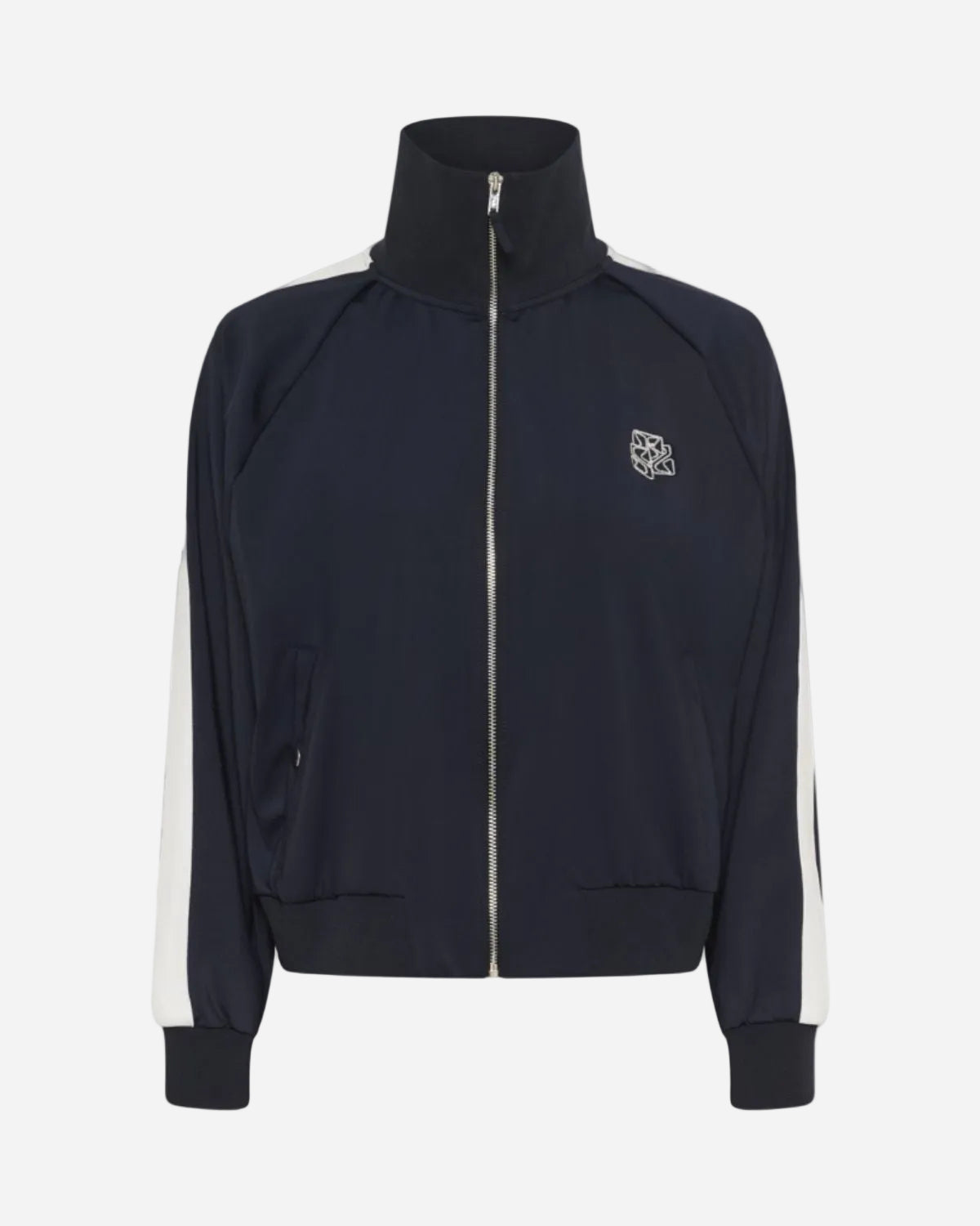Navy track jacket with white stripes on sleeves and a logo on a white background