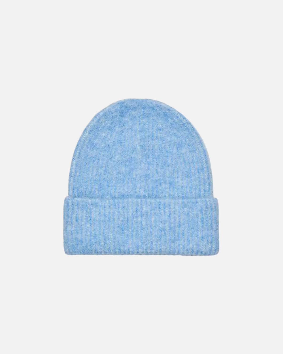 A light blue heathered knit beanie hat with a folded cuff, shown against a plain white background.