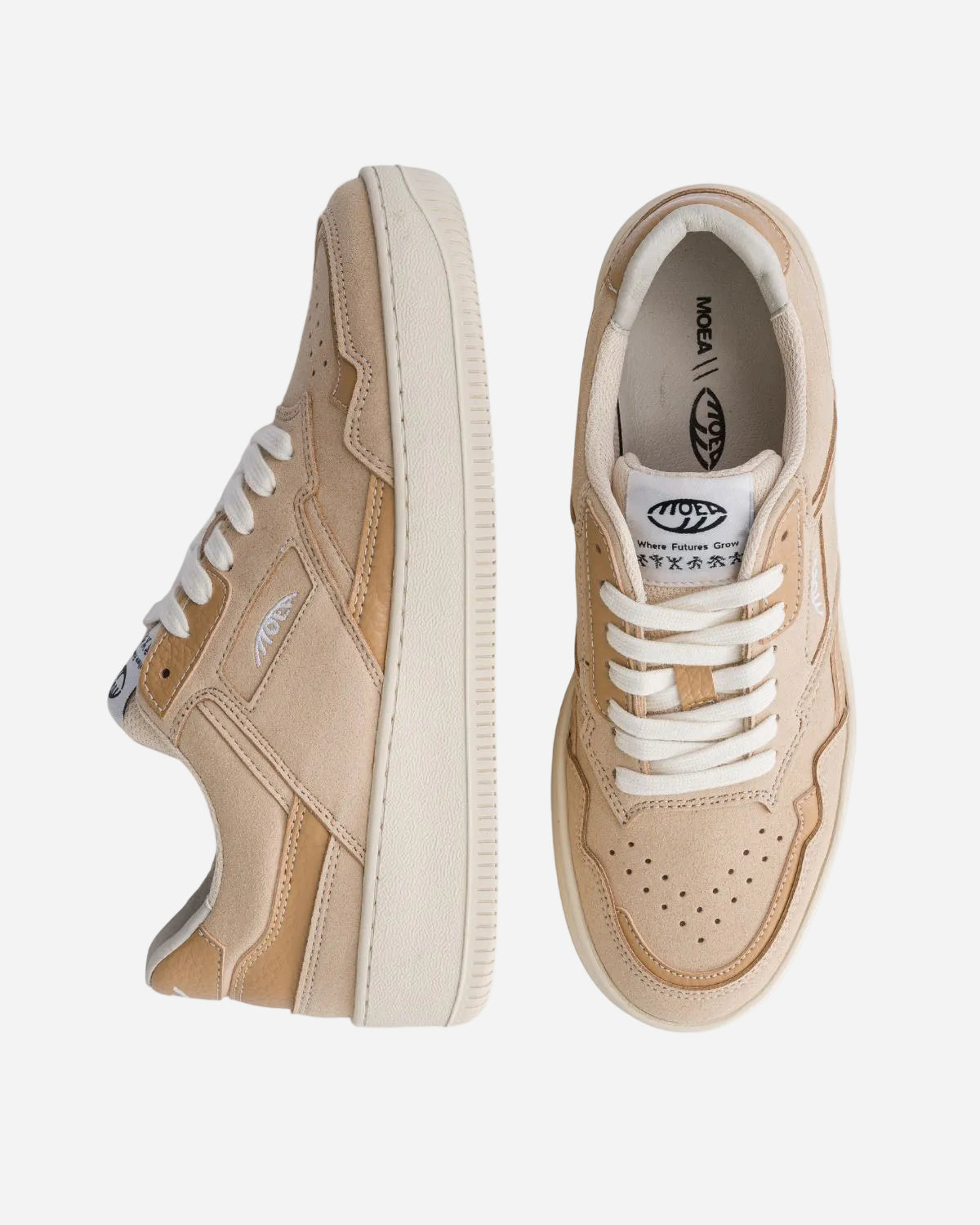 Pair of beige sneakers with white laces on a white background