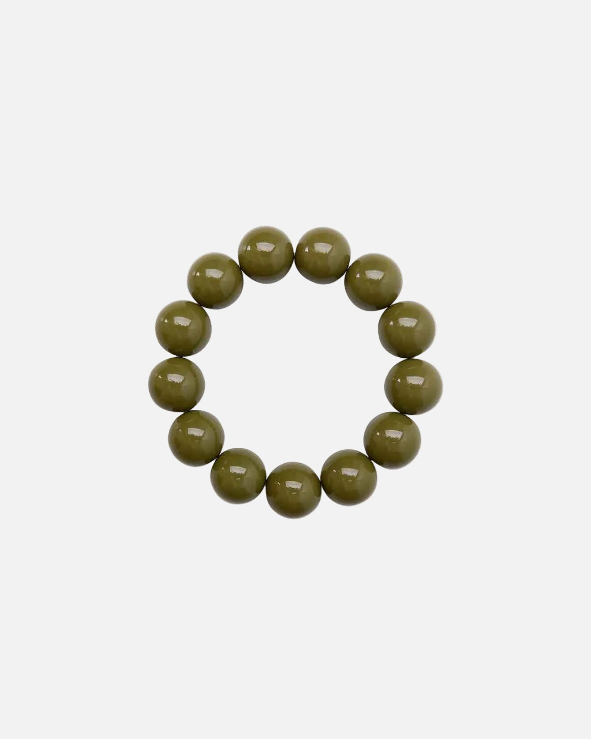 A beaded stretch bracelet made of glossy, olive green round beads, displayed on a clean white background.