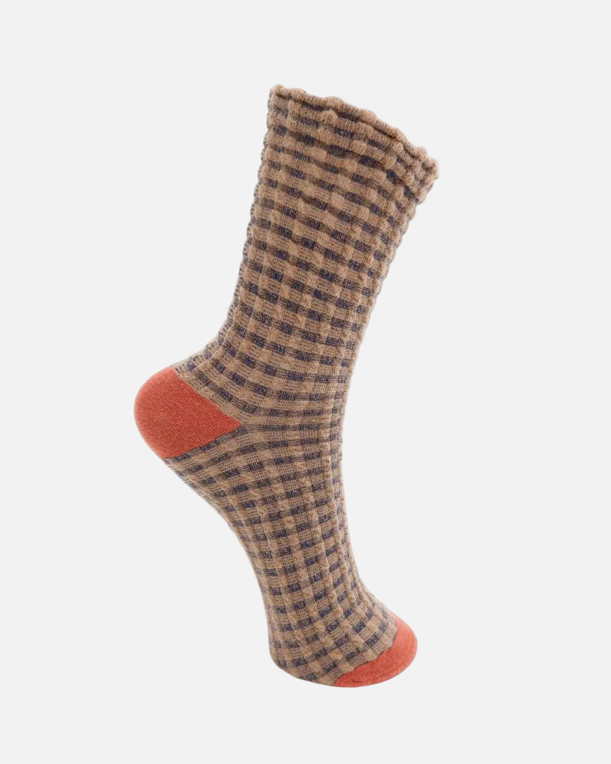 A single mid-calf sock with a brown and beige checkered pattern, featuring solid rust-orange heels and toes, shown against a plain white background.