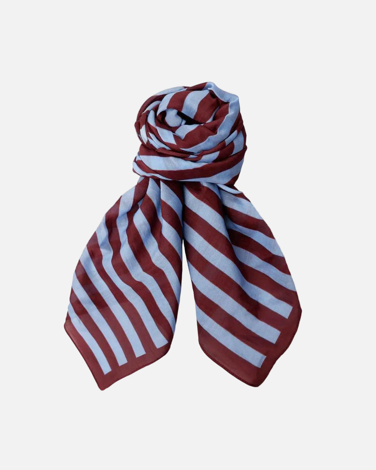 A lightweight striped scarf with alternating dark red and light blue horizontal bands, styled in a loose knot against a plain white background.
