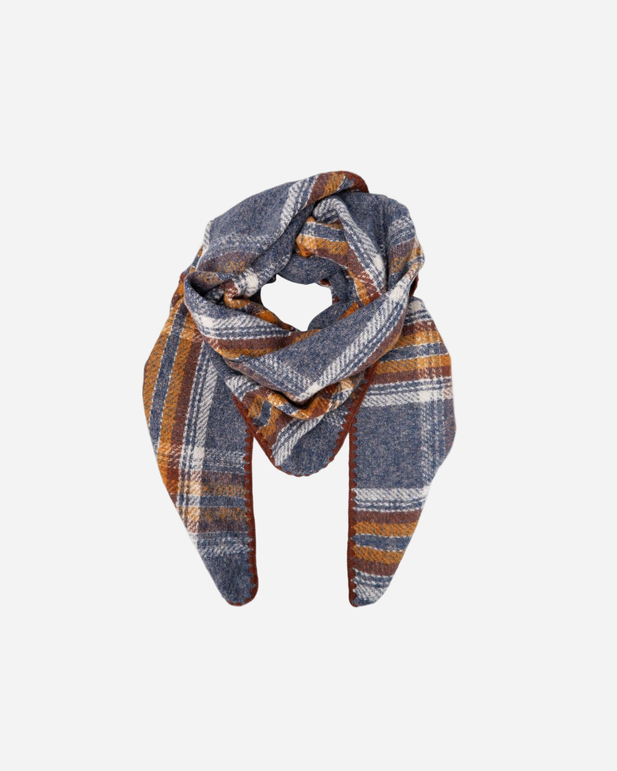 Plaid scarf in blue and brown tones on a white background