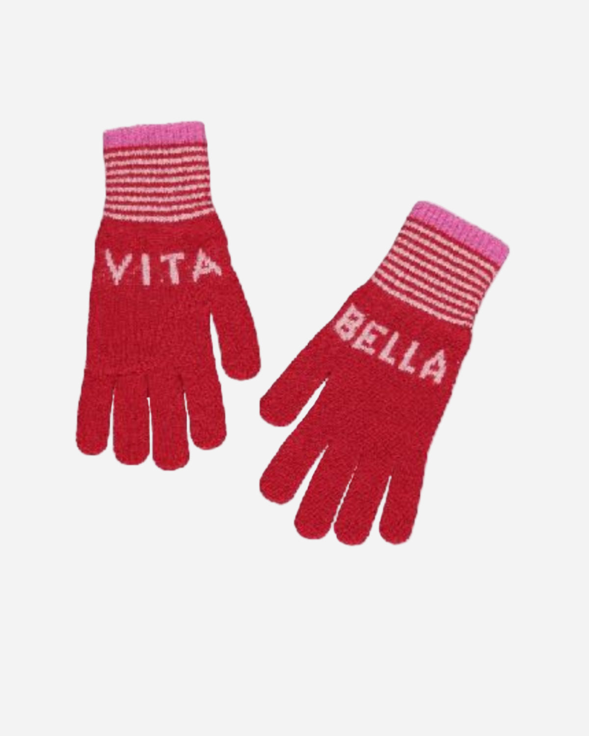 Red gloves with pink striped cuffs labeled 'Vita' and 'Bella' on a white background