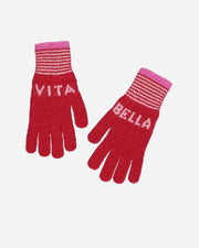 Red gloves with pink striped cuffs labeled 'Vita' and 'Bella' on a white background