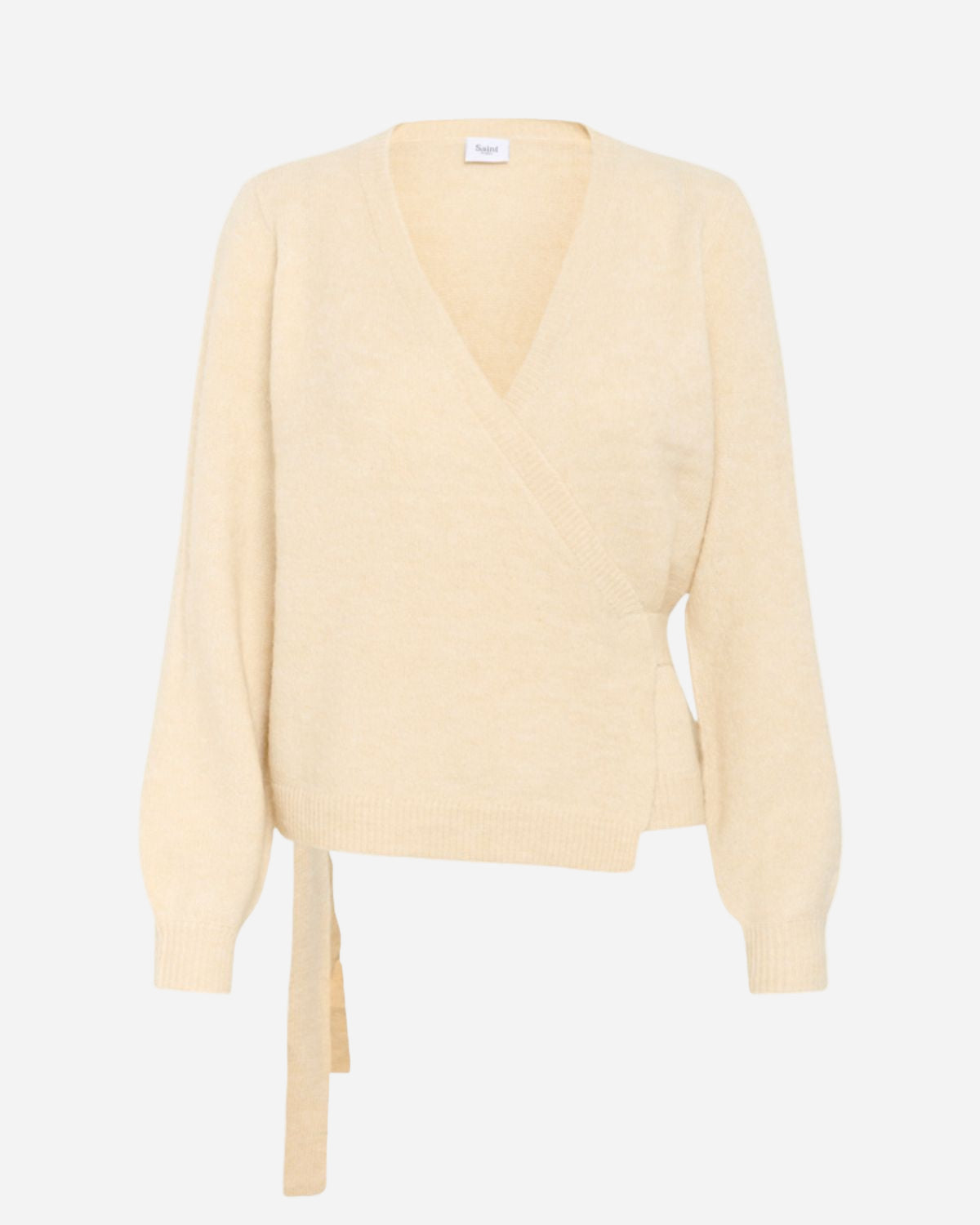 Cream wrap cardigan with a V-neck on a white background