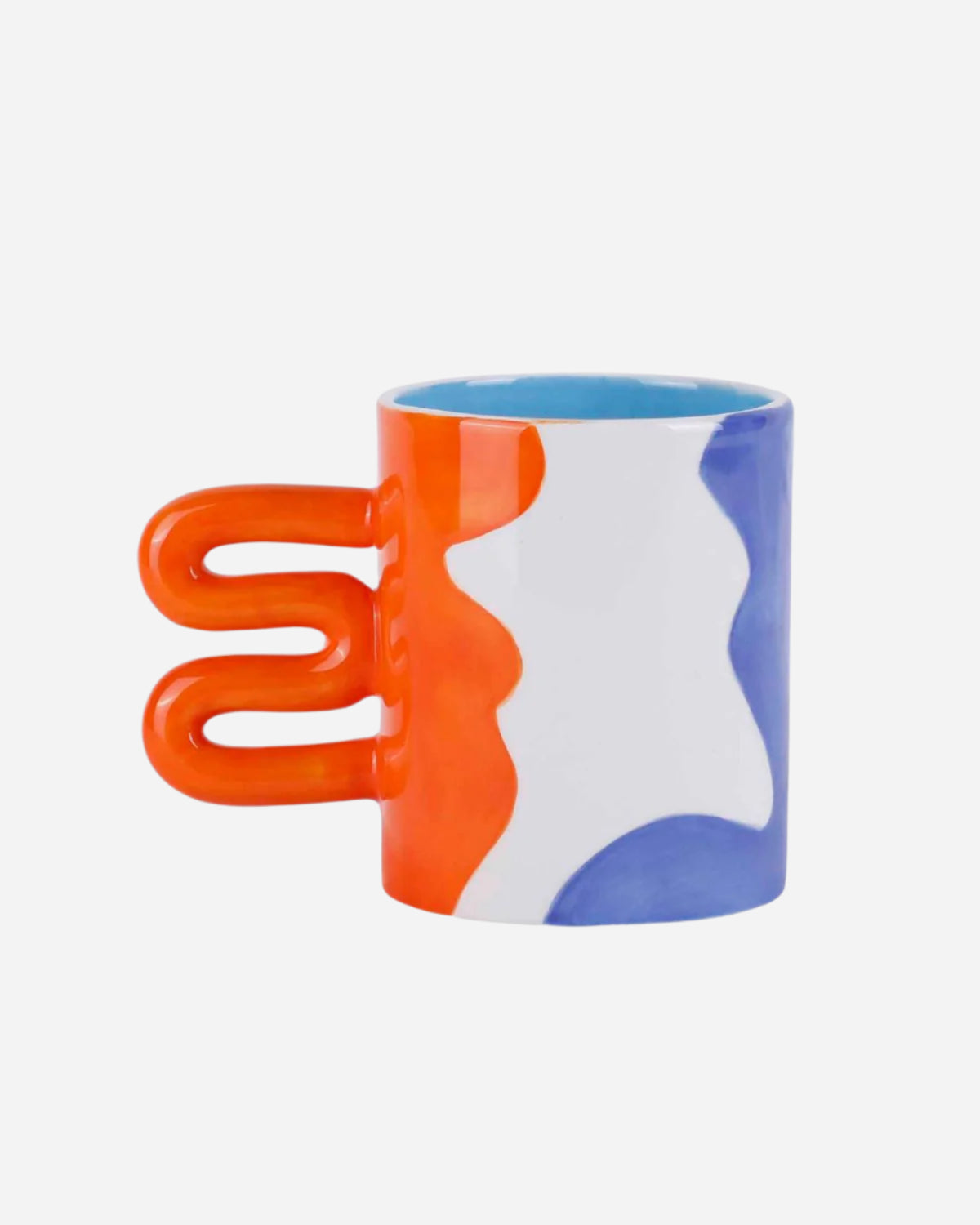 Colorful mug with a unique handle design on a white background