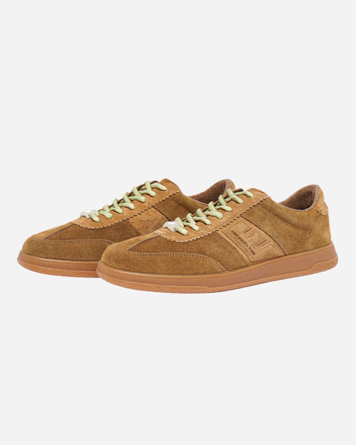 Tan suede trainers with green laces
