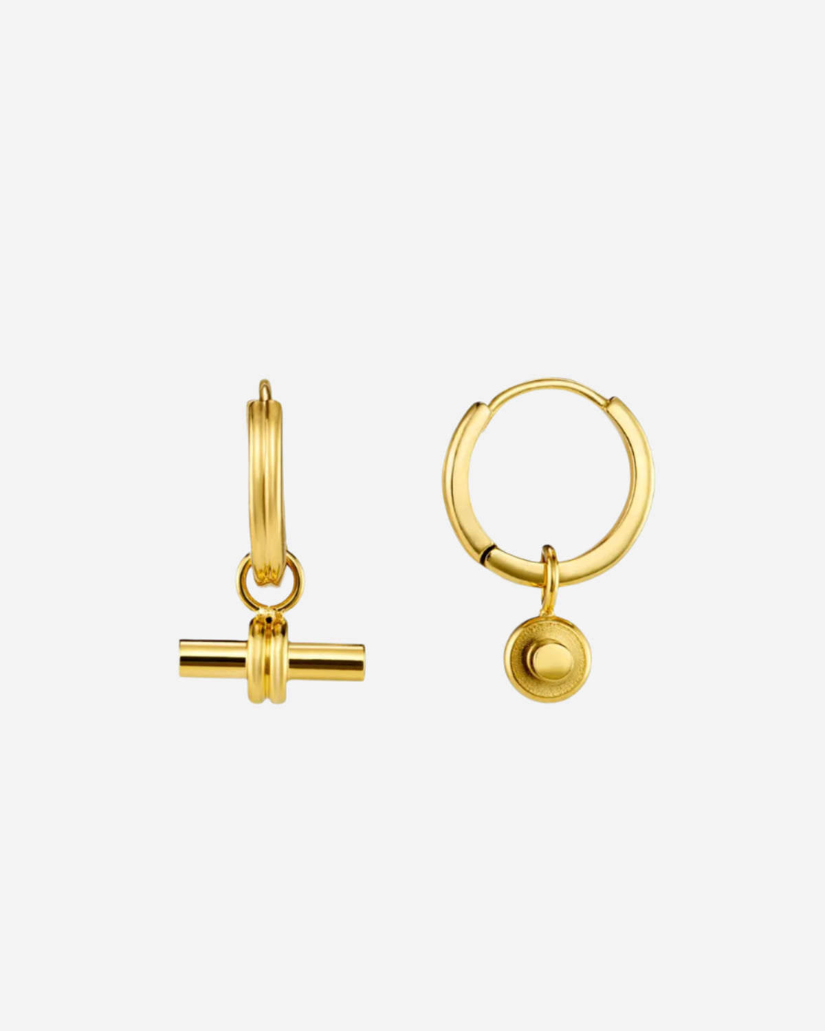 Gold hoop earrings with t-bar charms on a white background
