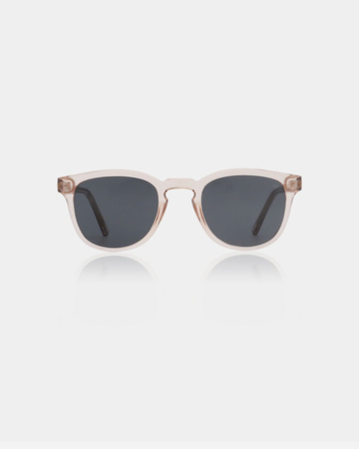 Light pink framed sunglasses with grey lenses