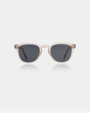 Light pink framed sunglasses with grey lenses