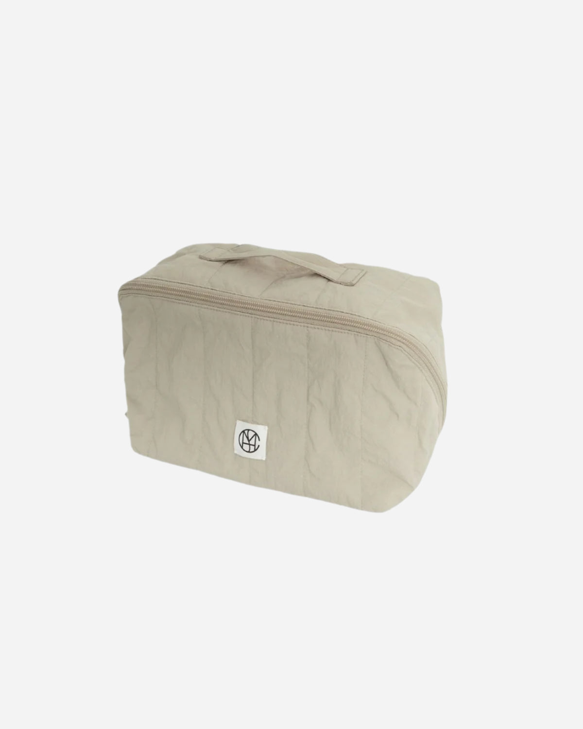 Beige toiletry bag with a logo on a white background