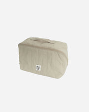 Beige toiletry bag with a logo on a white background