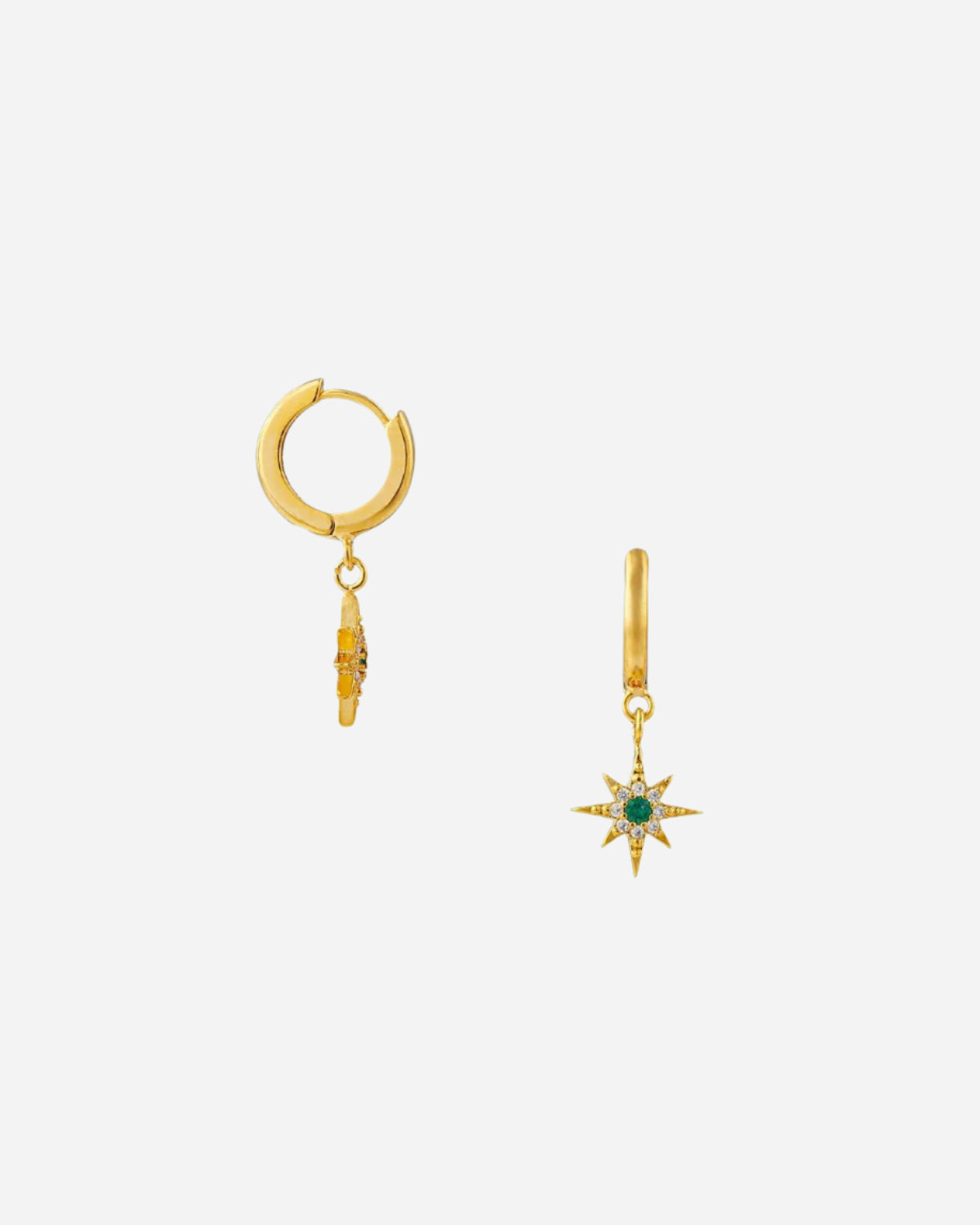 Gold hoop earring with a small star-shaped pendant on a white background