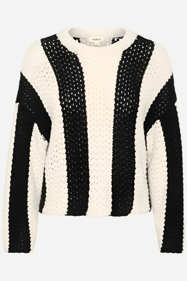 Black and white stripe crochet jumper with round collar
