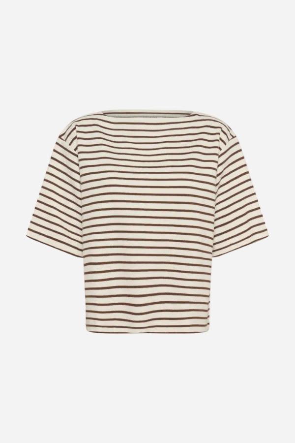 Striped shirt with brown and white horizontal stripes on a white background
