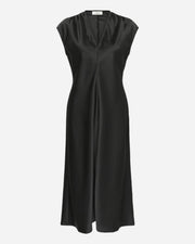 Cap sleeve heavy satin style midi dress with v-neck