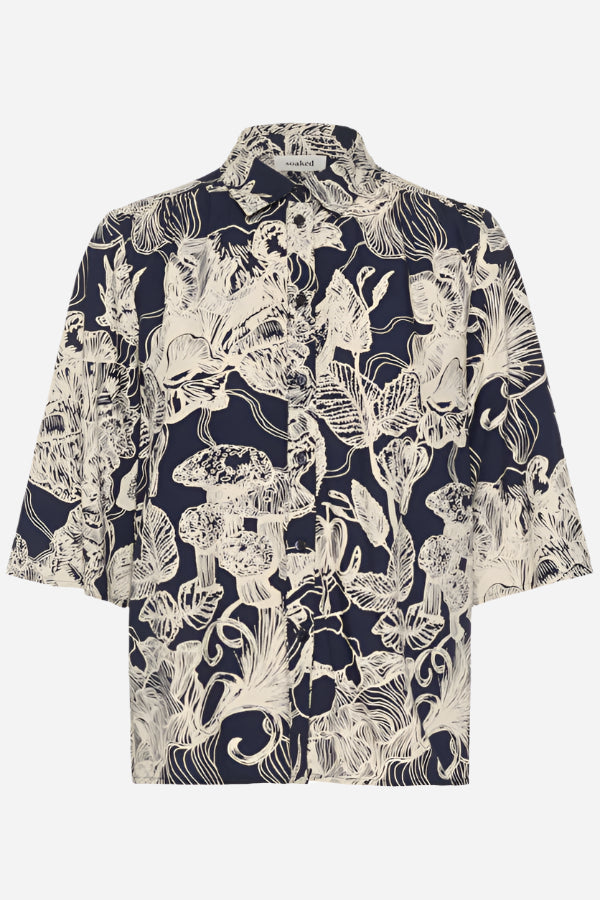 Funghi pattern shirt in navy and off white with 2/4 sleeves