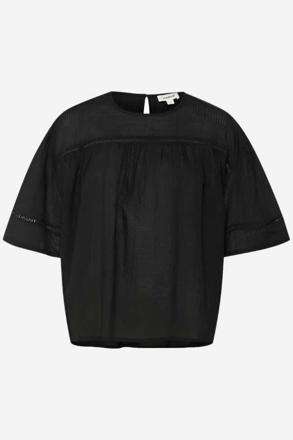 Cropped black cotton blouse with short sleeves