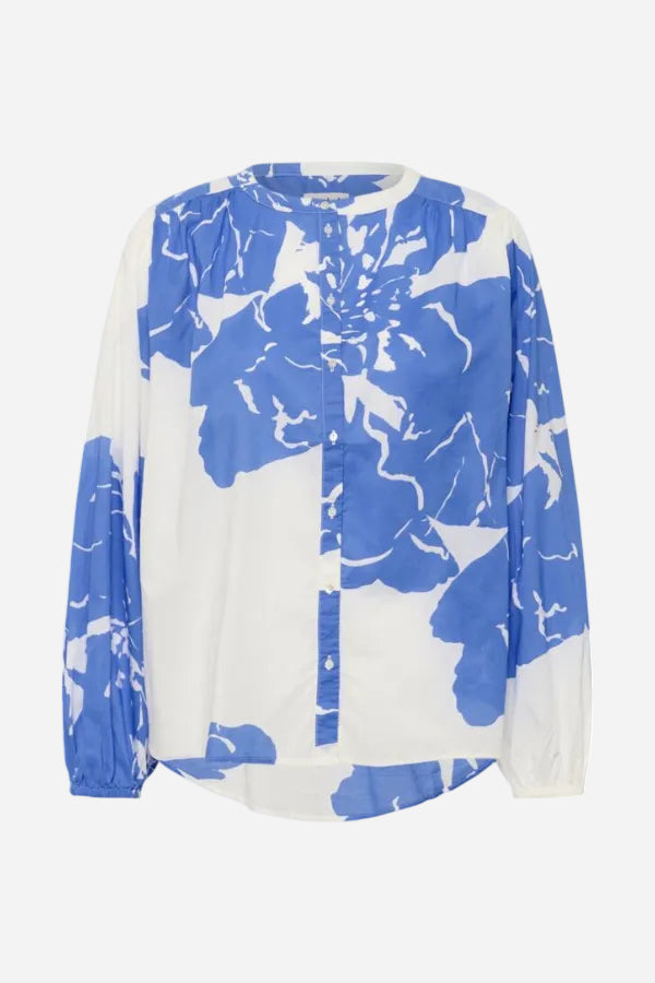 Blue and white floral patterned shirt on a white background