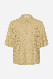 YELLOW lace short-sleeve blouse on a white background