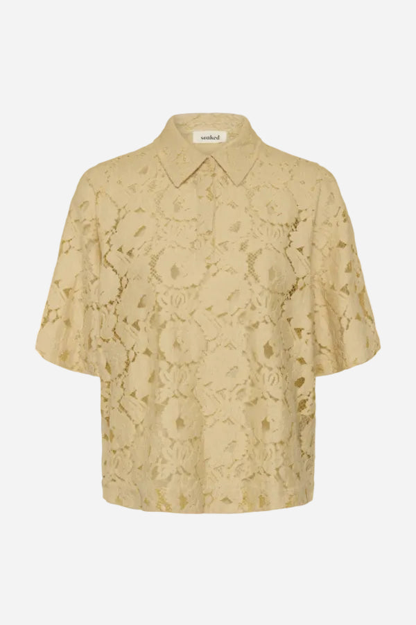 YELLOW lace short-sleeve blouse on a white background