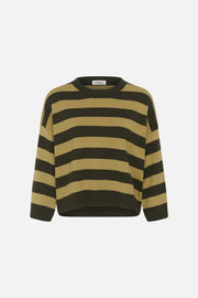 A cropped long-sleeve knit sweater with horizontal stripes in olive green and mustard yellow, shown against a plain white background.