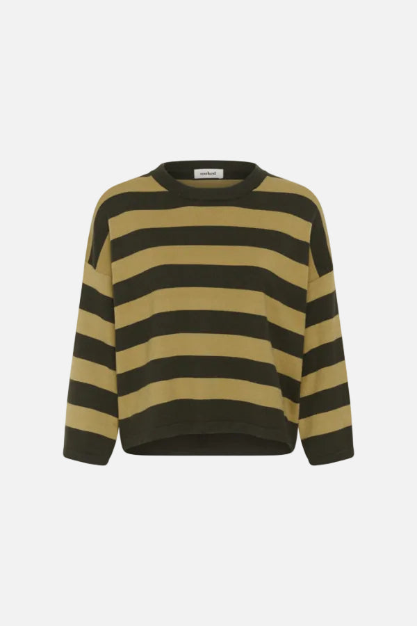 A cropped long-sleeve knit sweater with horizontal stripes in olive green and mustard yellow, shown against a plain white background.