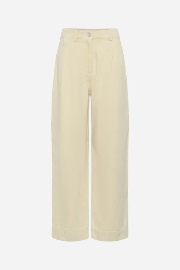 light yellow wide-leg pants on a white background