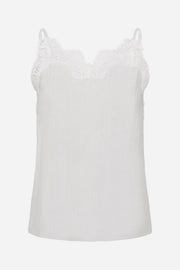 White ribbed tank top with lace straps on a white background