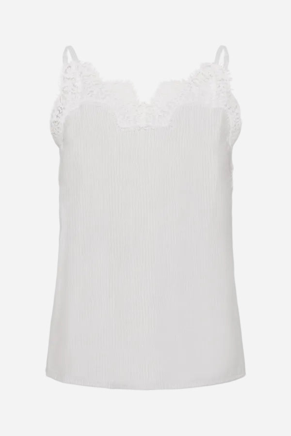 White ribbed tank top with lace straps on a white background