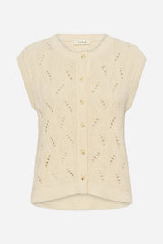 Cream-colored knitted vest with button details on a white background