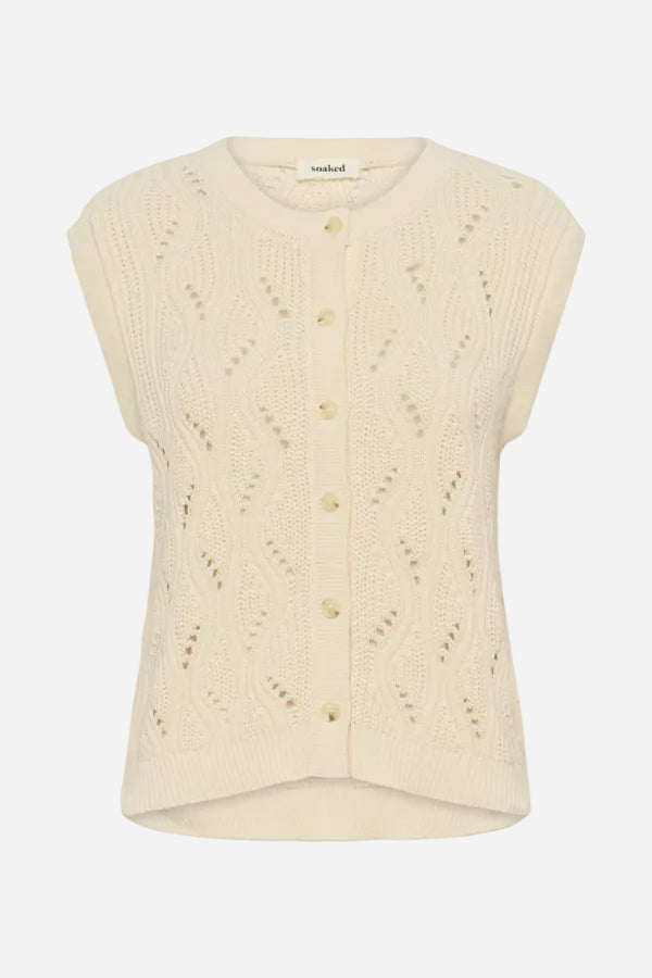 Cream-colored knitted vest with button details on a white background