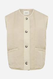 Beige quilted vest with button details on a white background