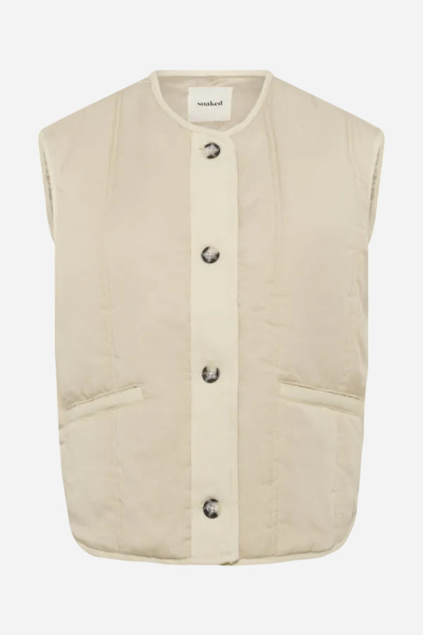 Beige quilted vest with button details on a white background