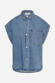 Blue denim shirt with short sleeves on a white background