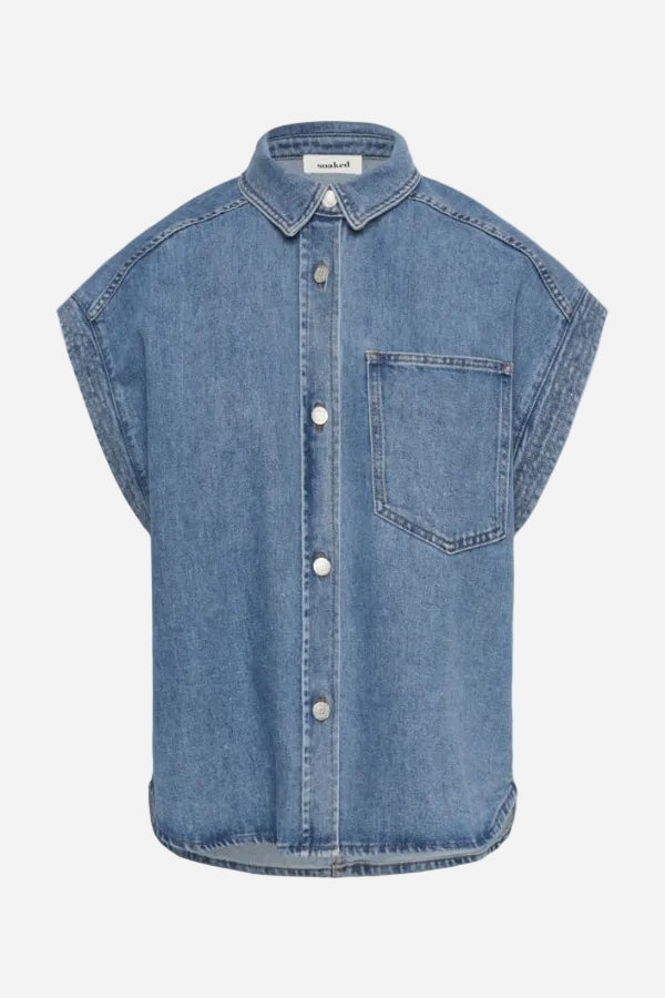 Blue denim shirt with short sleeves on a white background
