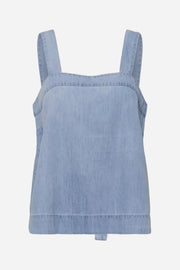 Light blue denim tank top with straps on a white background