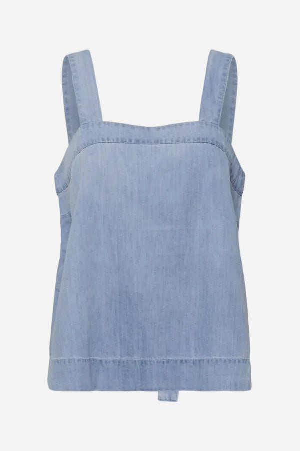 Light blue denim tank top with straps on a white background